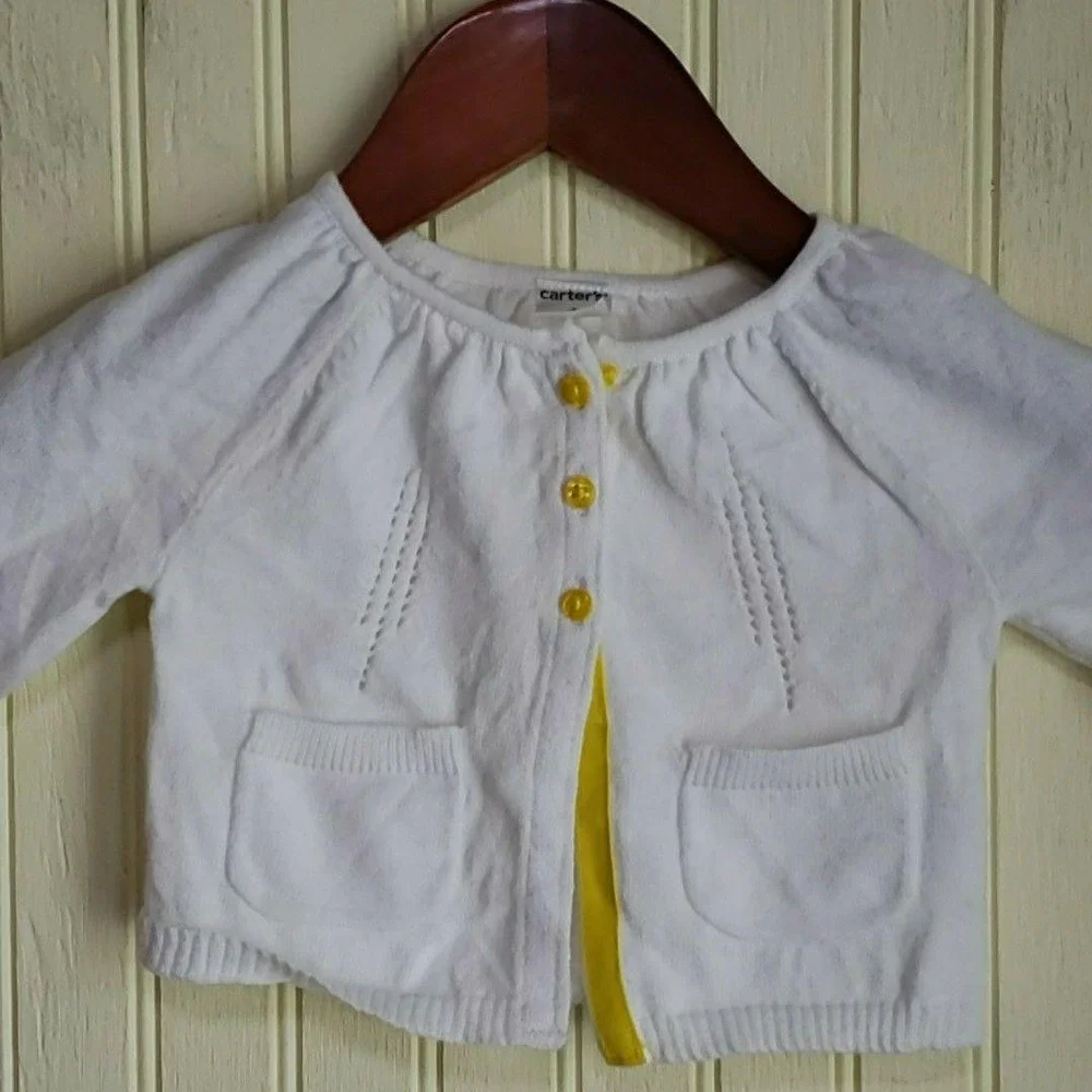 Carter's Cardigan Sweater Girls 3-6 Months White Knit Pockets Button Front